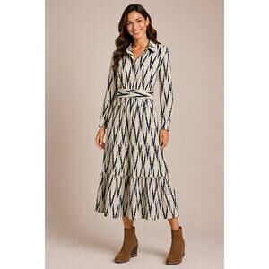 Guadalupe Luciana Off White Navy Ikat Midi Dress Size L Belted Long Sleeve